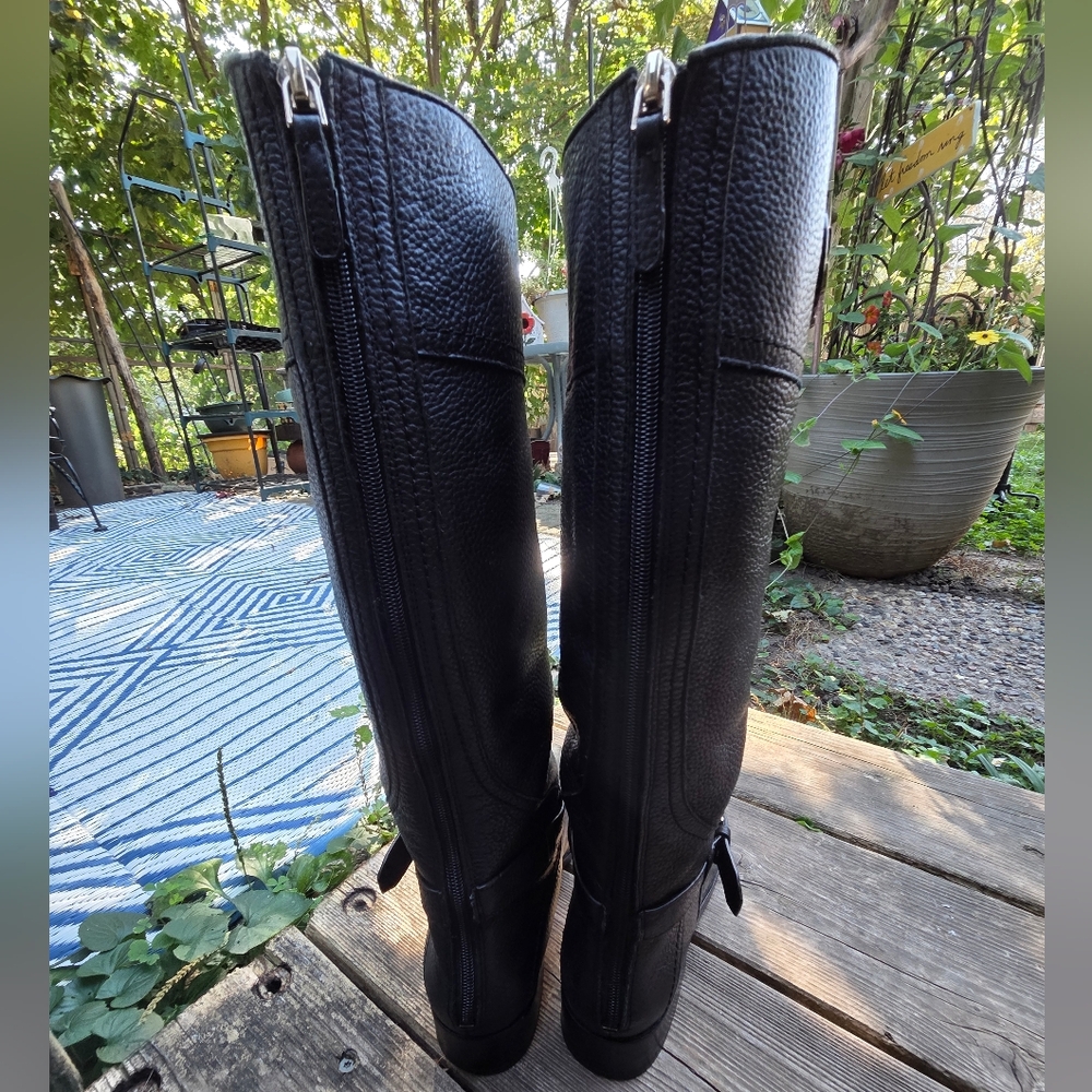 Tory Burch Claire Riding Boots Black Tumbled Leather Gold Hardware - Picture 6 of 11